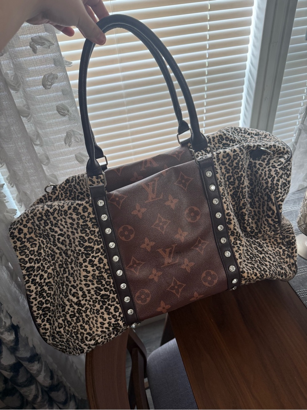 Brown Monogram & Leopard-Print Tote with Stud Accents